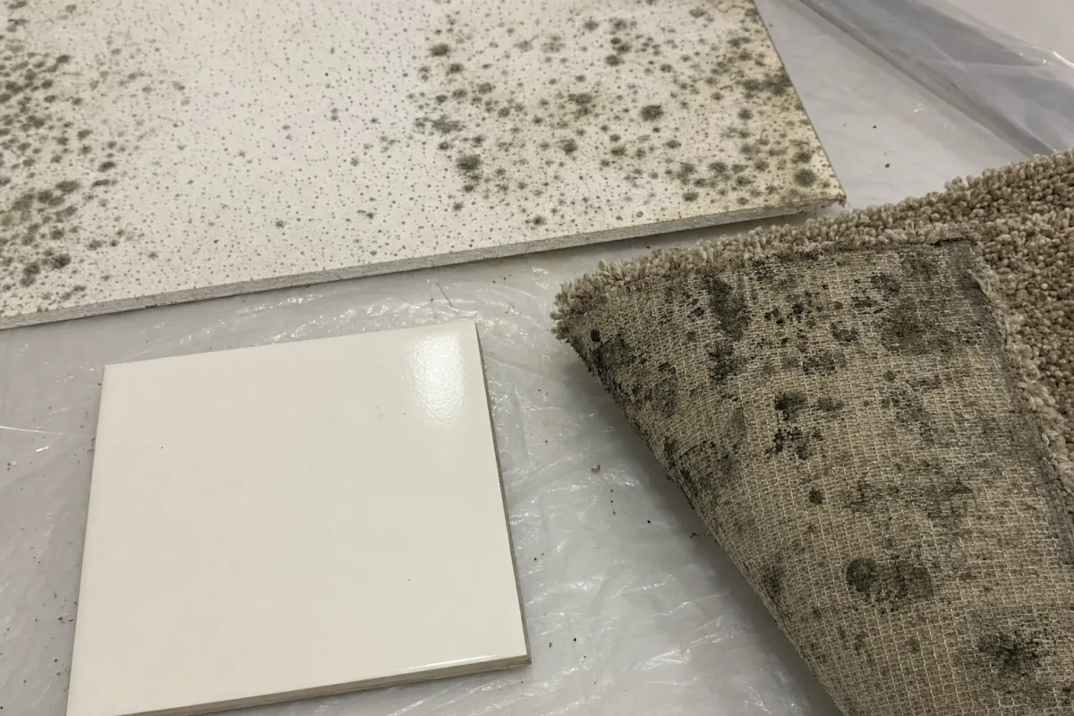 A clean tile beside mold affected ceiling tile and carpet.