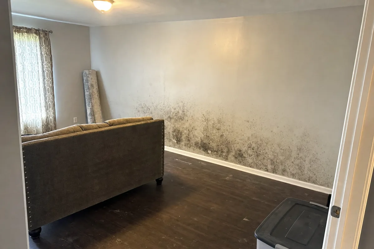Furniture moved away from a wall with visible mold.
