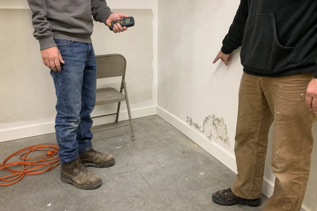 Two adults inspect a remaining mold patch with a moisture meter.