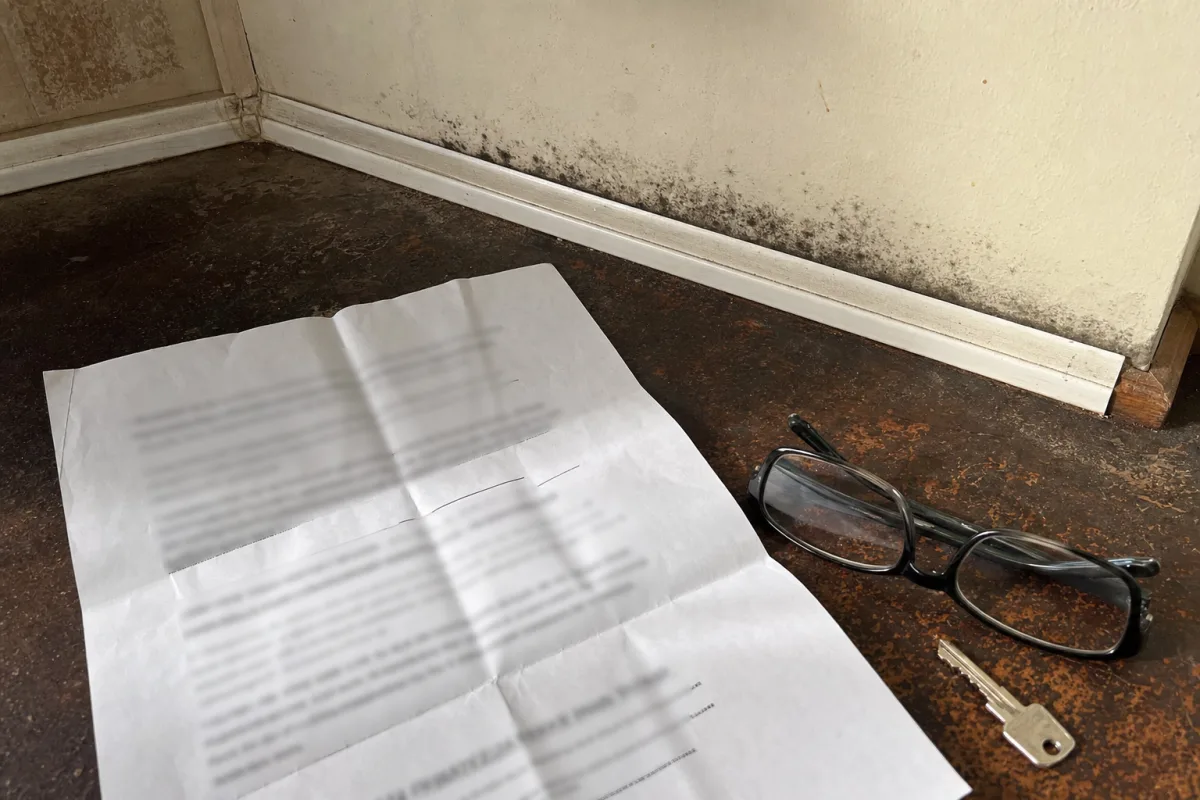 Guarantee terms beside a wall with visible mold.