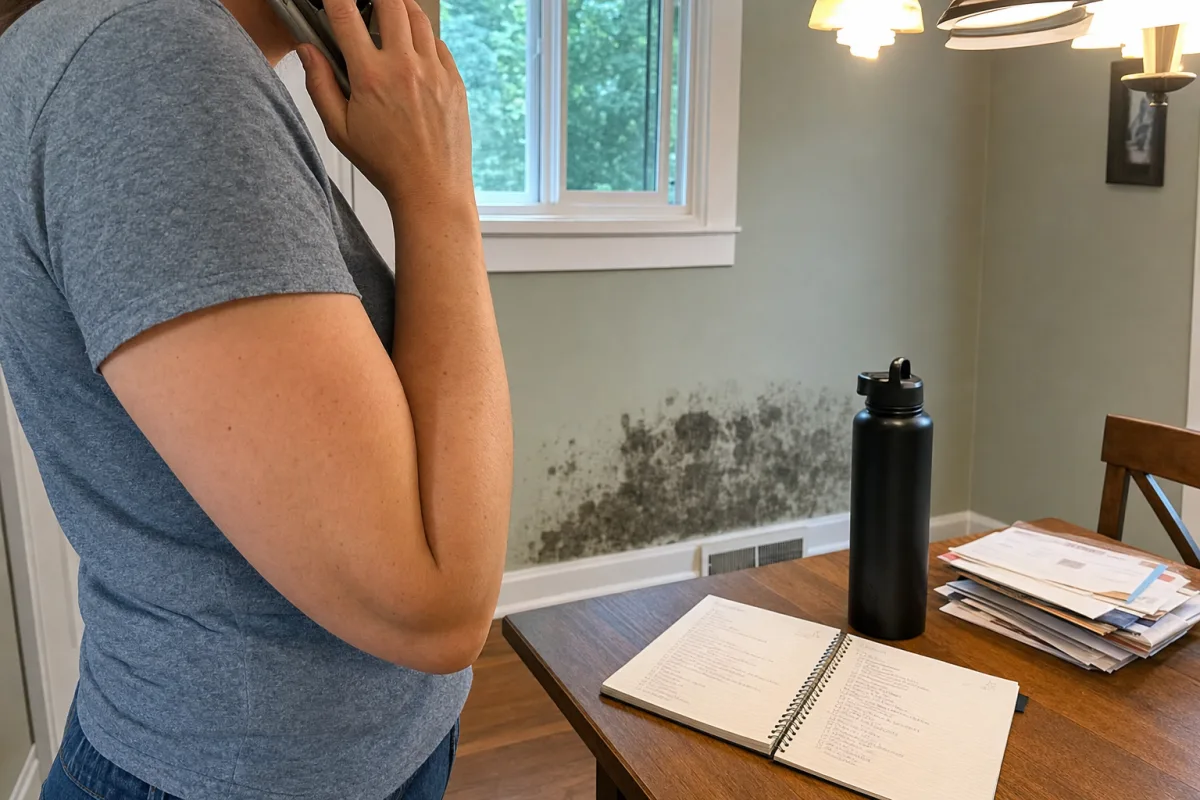 A homeowner calls about visible mold with a checklist open.