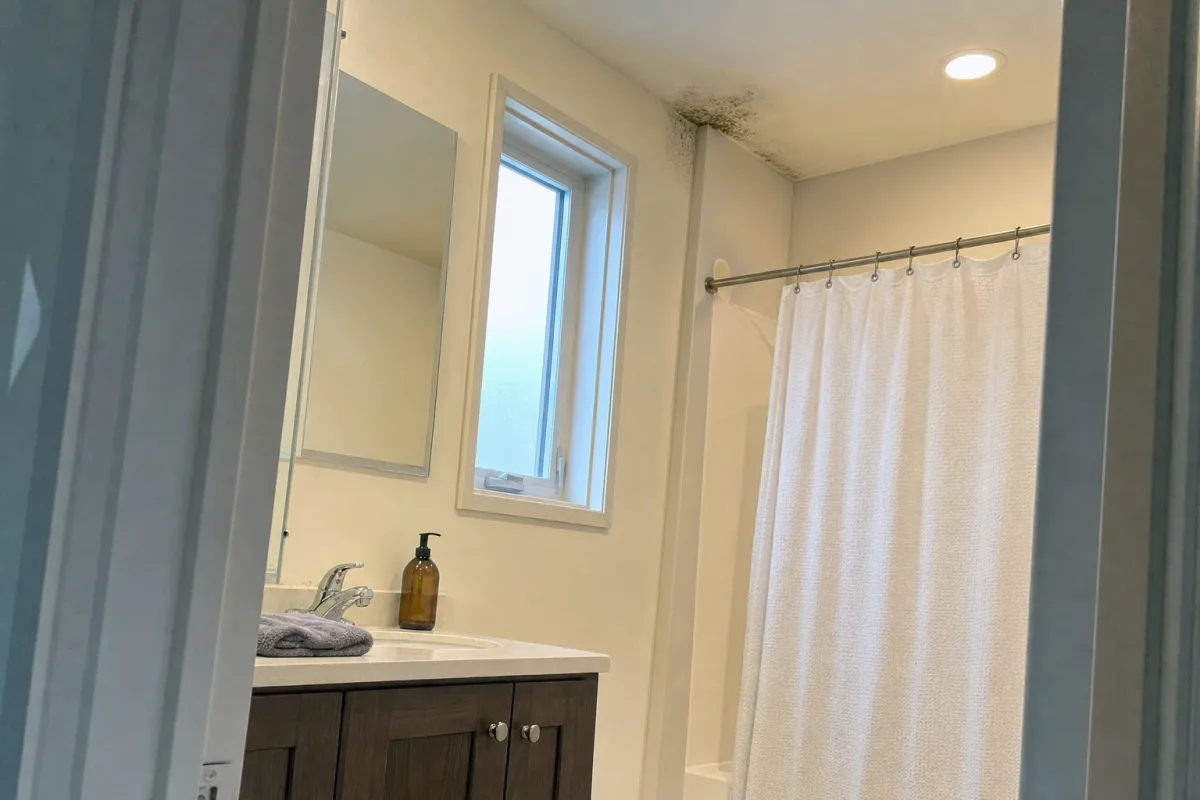 Visible mold growth in a maintained bathroom.