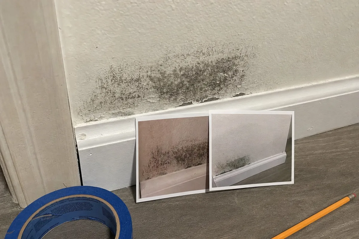 Photos of a recurring mold patch beside the wall.