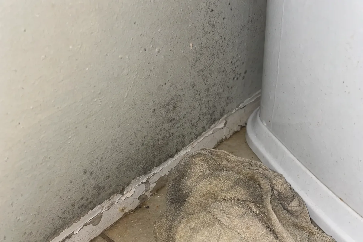 Close view of mold growth on damp drywall.