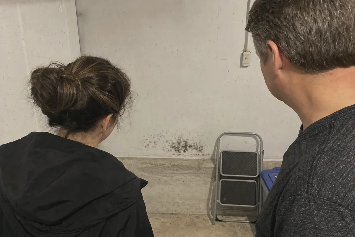 Two adults inspect a small mold patch in a utility room.