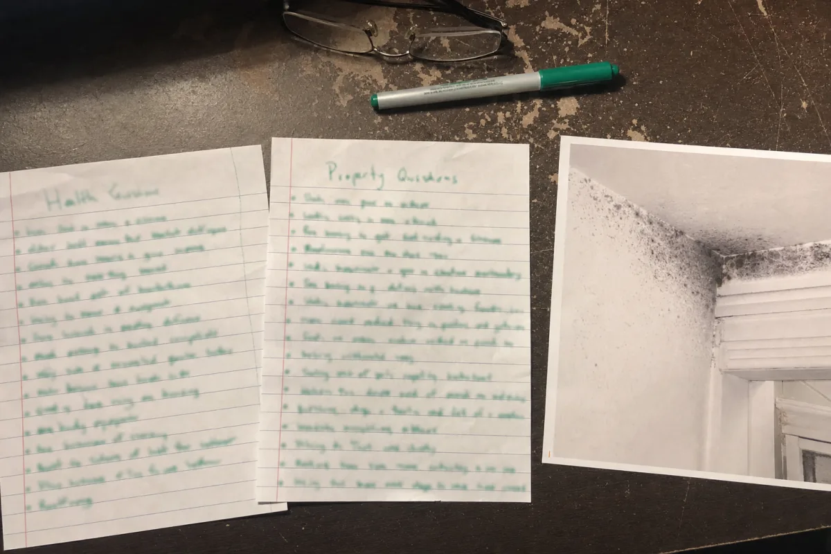 Separate health and property question lists beside a mold photo.
