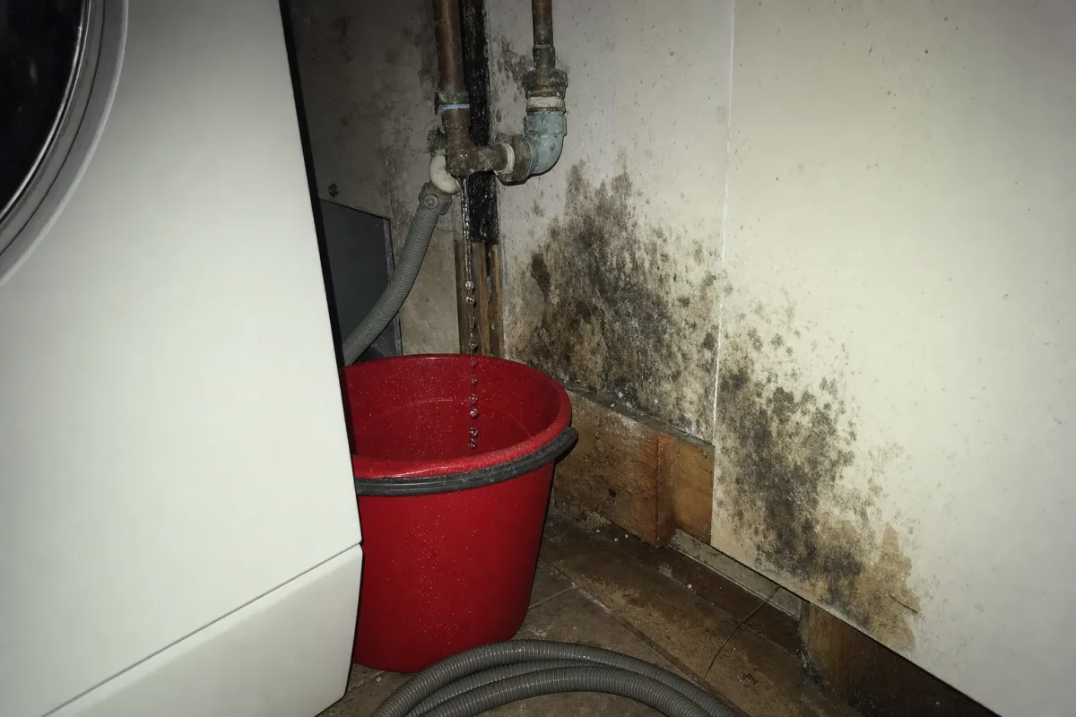 A slow plumbing leak beside mold affected material.